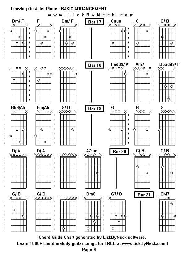 Chord Grids Chart of chord melody fingerstyle guitar song-Leaving On A Jet Plane - BASIC ARRANGEMENT,generated by LickByNeck software.